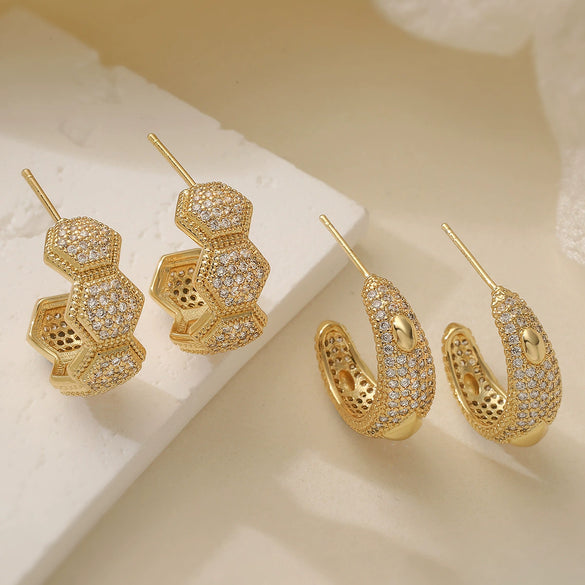 Wholesale Geometric Cshaped Copper 18K Gold Plated Zircon Women's Earrings