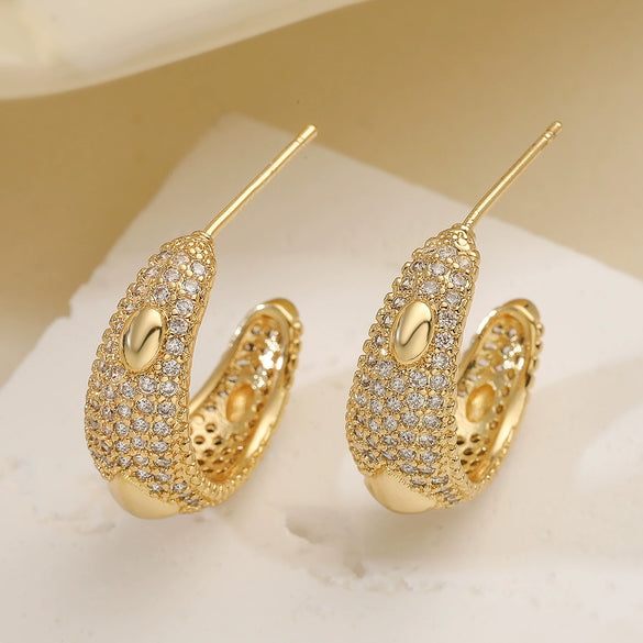 Wholesale Geometric Cshaped Copper 18K Gold Plated Zircon Women's Earrings