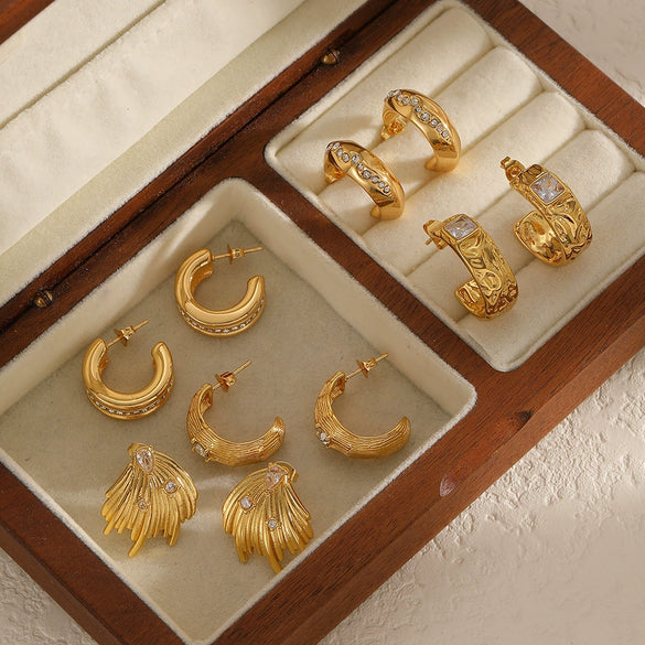 Wholesale Geometric Cshaped Diamondencrusted Stainless Steel Earrings For Women With Pvd Furnace Vacuum Real Gold Plating