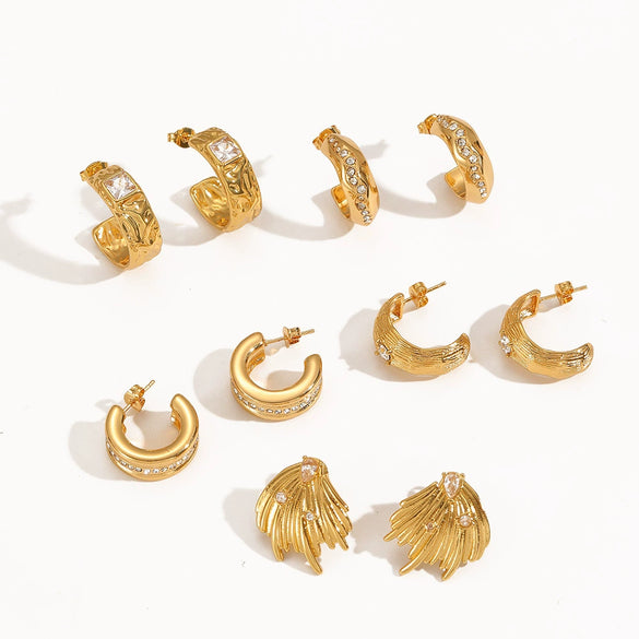 Wholesale Geometric Cshaped Diamondencrusted Stainless Steel Earrings For Women With Pvd Furnace Vacuum Real Gold Plating