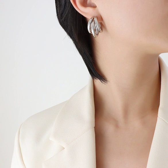 Wholesale Geometric Cshaped Hollow Round Tube Goldplated Titanium Steel Earrings With Niche Design