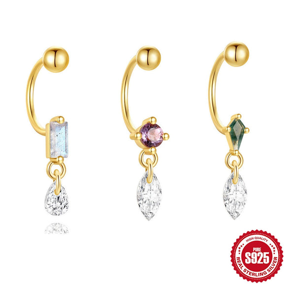 Wholesale Geometric Cshaped Sterling Silver Natural Stone Threaded Piercing Earrings With Gold Beads And Environmentally Friendly Electroplating