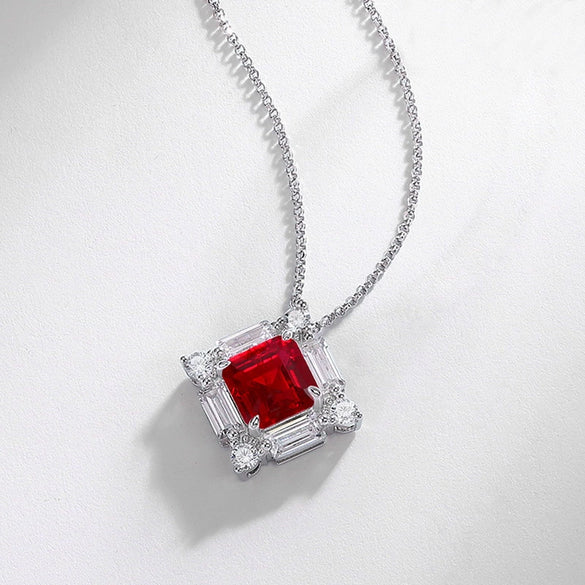Wholesale Geometric Cultured Ruby Pendant Necklace For Women S925 Silver Inlaid With Diamonds