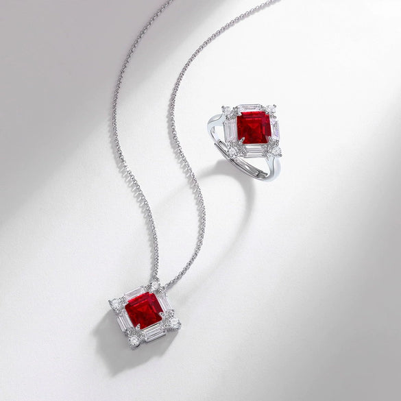 Wholesale Geometric Cultured Ruby Pendant Necklace For Women S925 Silver Inlaid With Diamonds