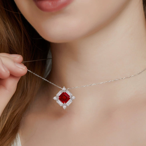 Wholesale Geometric Cultured Ruby Pendant Necklace For Women S925 Silver Inlaid With Diamonds