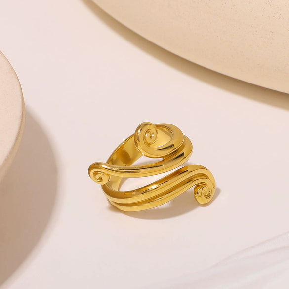 Wholesale Geometric Curved Line Stainless Steel Ring With Open Winding Asymmetric Design And Electroplating