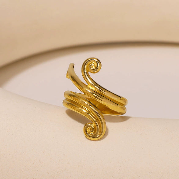 Wholesale Geometric Curved Line Stainless Steel Ring With Open Winding Asymmetric Design And Electroplating