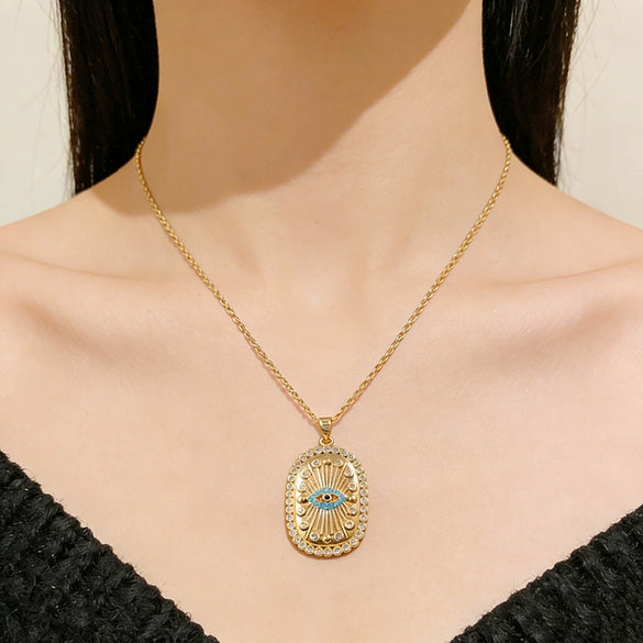 Wholesale Geometric Devil's Eye Pendant Necklace For Women Titanium Steel Oshaped Chain Inlaid With Zircon
