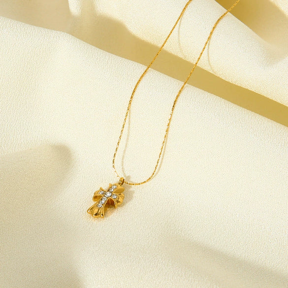 Wholesale Geometric Diamond Encrusted Cross Pendant Stainless Steel 18K Gold Plated Necklace For Women