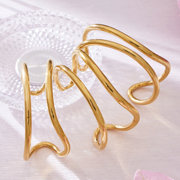 Wholesale Geometric Doublecircle Curved Open Bracelet Stainless Steel 18K Gold Plated