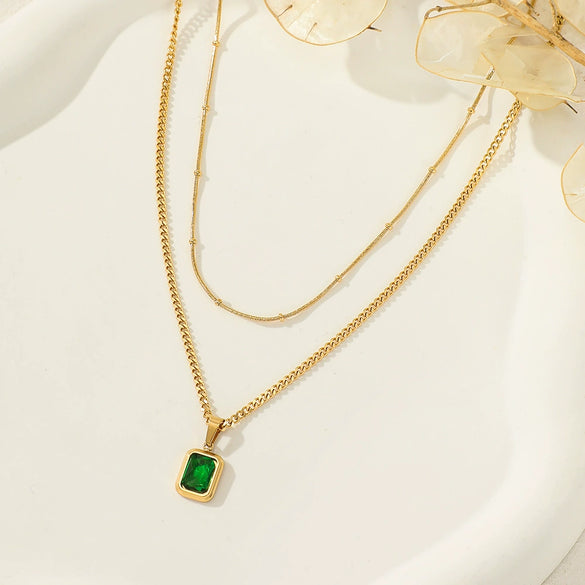 Wholesale Geometric Doublelayer Emerald Women's Stainless Steel And Titanium Steel Clavicle Necklace With Electroplating Design