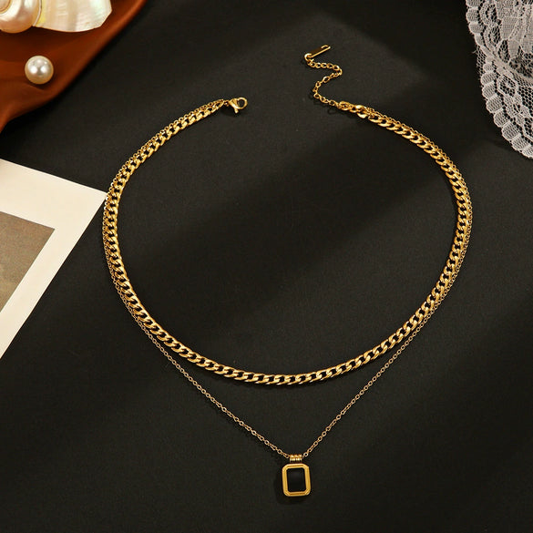 Wholesale Geometric Doublelayer Square Pendant Stainless Steel And Titanium Steel Necklace With Electroplating For Women Cuban Chain