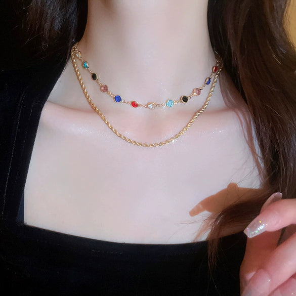 Wholesale Geometric Doublelayer Zircon Inlaid Copper Necklace With Real Gold Electroplated Ochain For Women