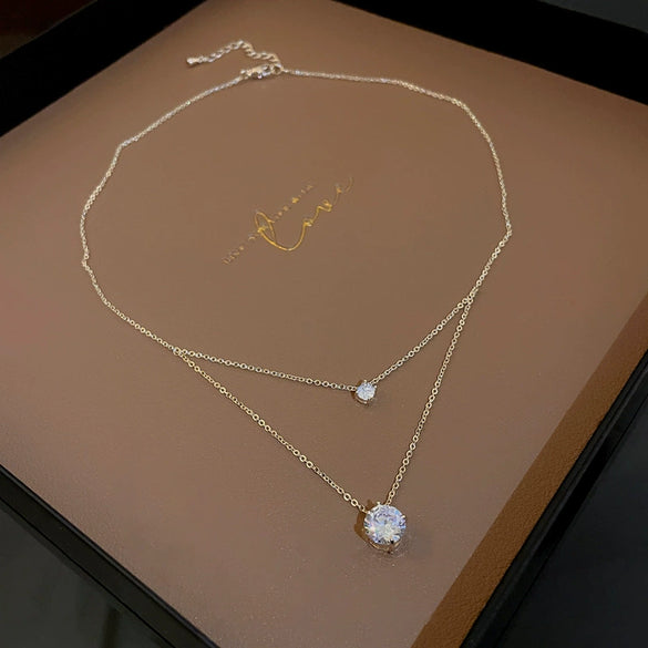 Wholesale Geometric Doublelayer Zircon Inlaid Copper Necklace With Real Gold Electroplated Ochain For Women