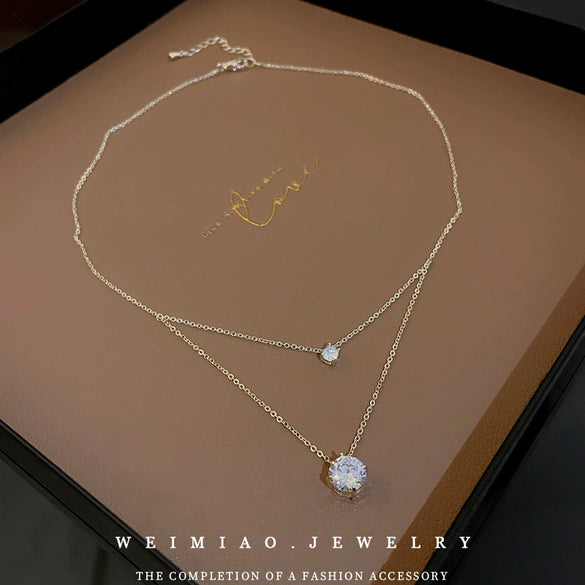 Wholesale Geometric Doublelayer Zircon Inlaid Copper Necklace With Real Gold Electroplated Ochain For Women