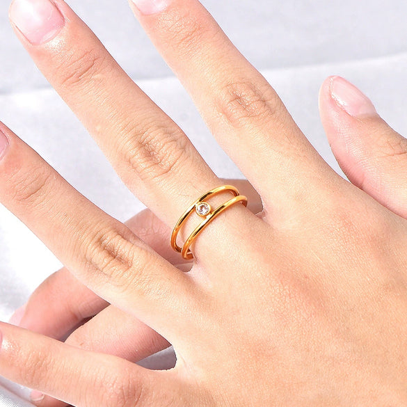 Wholesale Geometric Doublelayer Zircon Ushaped Open Ring For Women Titanium Steel Electroplated