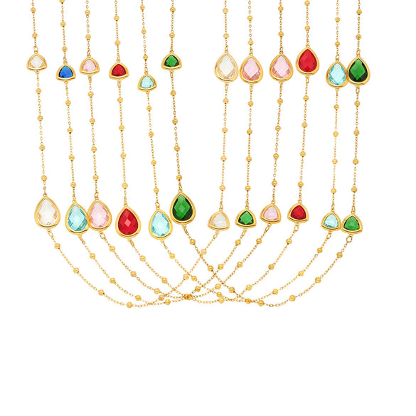 Wholesale Geometric Dropshaped Triangle Design Long Necklace For Women With Faceted Glass Stone And Zircon In Titanium Steel And Stainless Steel Electroplated