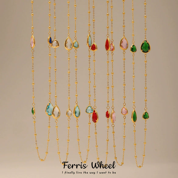 Wholesale Geometric Dropshaped Triangle Design Long Necklace For Women With Faceted Glass Stone And Zircon In Titanium Steel And Stainless Steel Electroplated