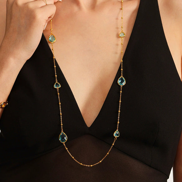 Wholesale Geometric Dropshaped Triangle Design Long Necklace For Women With Faceted Glass Stone And Zircon In Titanium Steel And Stainless Steel Electroplated