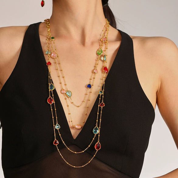 Wholesale Geometric Dropshaped Triangle Design Long Necklace For Women With Faceted Glass Stone And Zircon In Titanium Steel And Stainless Steel Electroplated