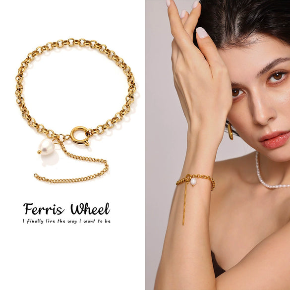 Wholesale Geometric Electroplated Freshwater Pearl And Titanium Steel Bracelet For Unisex