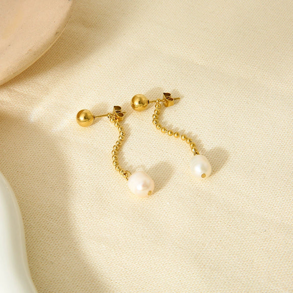Wholesale Geometric Electroplated Stainless Steel Pearl Chain Tassel Earrings For Women