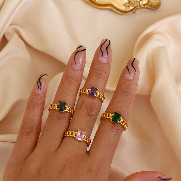 Wholesale Geometric Electroplated Stainless Steel Rectangular Zircon Inlaid Braided Adjustable Ring For Women