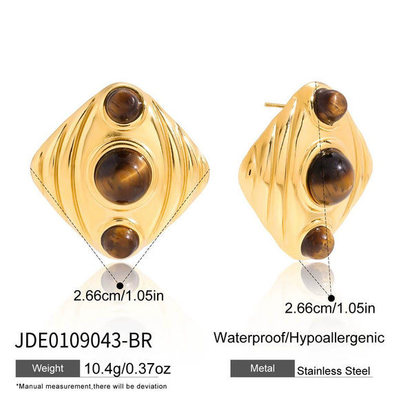 Wholesale Geometric Electroplated Stainless Steel Tiger Eye Stone And Imitation Pearl Earrings For Women
