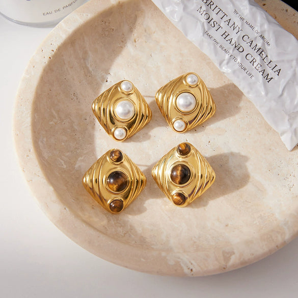 Wholesale Geometric Electroplated Stainless Steel Tiger Eye Stone And Imitation Pearl Earrings For Women