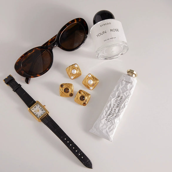 Wholesale Geometric Electroplated Stainless Steel Tiger Eye Stone And Imitation Pearl Earrings For Women