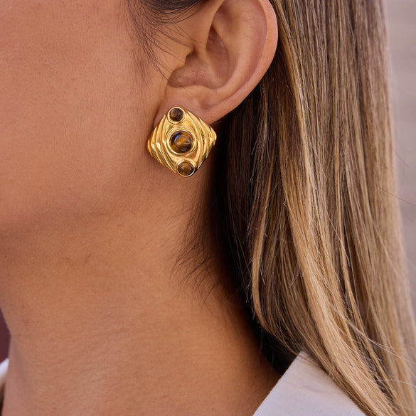 Wholesale Geometric Electroplated Stainless Steel Tiger Eye Stone And Imitation Pearl Earrings For Women