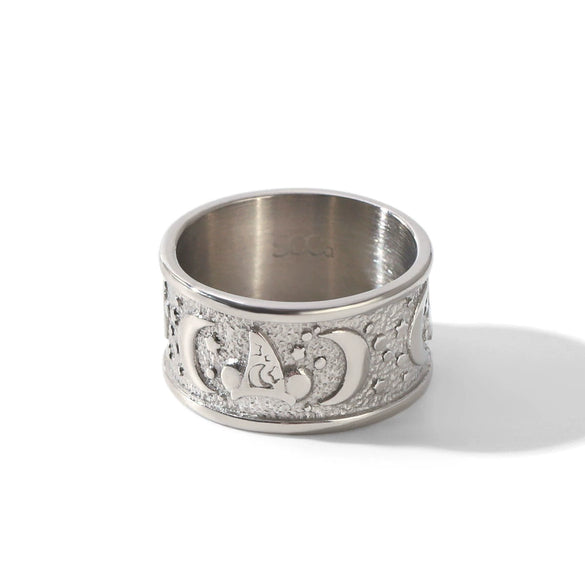 Wholesale Geometric Electroplated Stainless Steel Vintage Engraved Moon Ring For Women