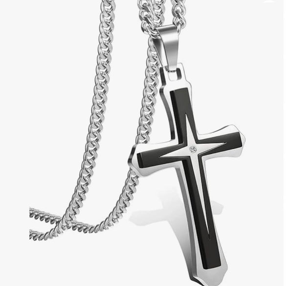 Wholesale Geometric Electroplated Titanium Steel Doublelayer Twocolor Unisex Cross Pendant Necklace With String Of Pearls Chain
