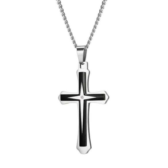 Wholesale Geometric Electroplated Titanium Steel Doublelayer Twocolor Unisex Cross Pendant Necklace With String Of Pearls Chain