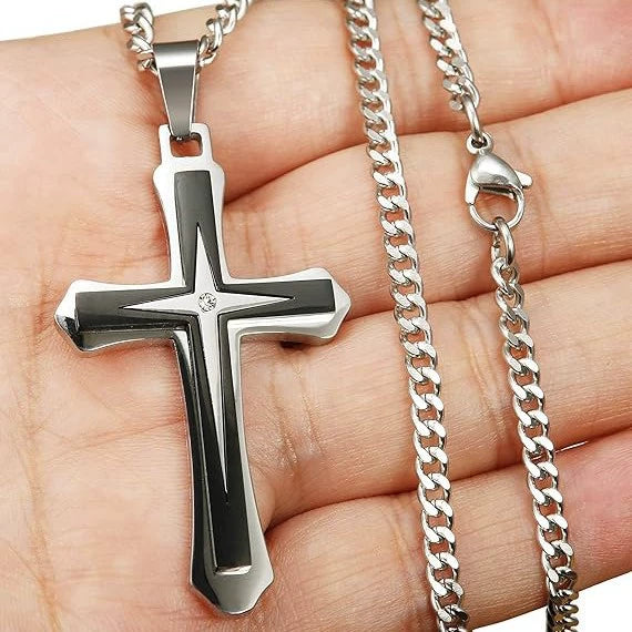 Wholesale Geometric Electroplated Titanium Steel Doublelayer Twocolor Unisex Cross Pendant Necklace With String Of Pearls Chain