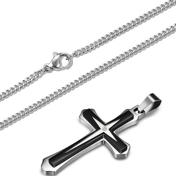Wholesale Geometric Electroplated Titanium Steel Doublelayer Twocolor Unisex Cross Pendant Necklace With String Of Pearls Chain