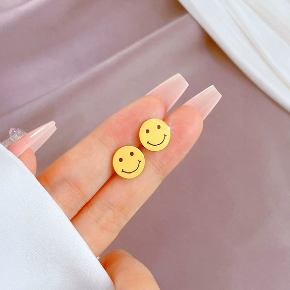 Wholesale Geometric Electroplated Titanium Steel Round Smiley Minimalist Earrings For Men And Women