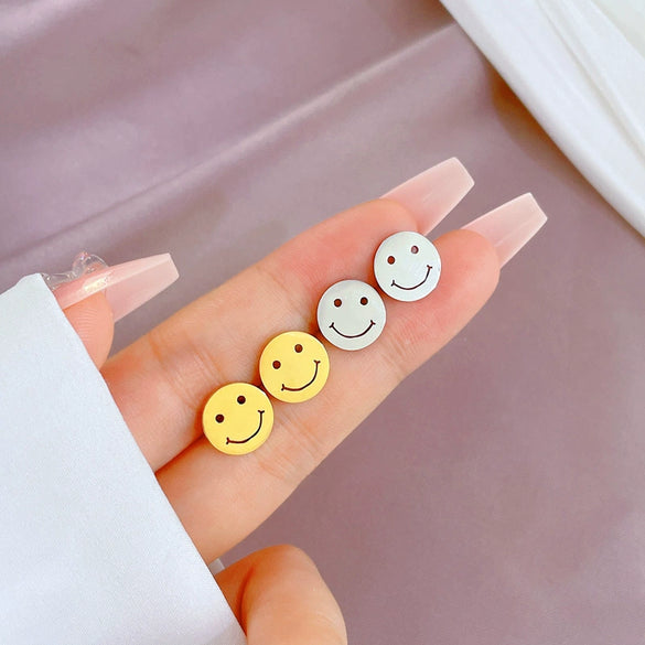 Wholesale Geometric Electroplated Titanium Steel Round Smiley Minimalist Earrings For Men And Women