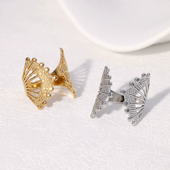 Wholesale Geometric Fan Shaped Cut Out Stainless Steel Open Ring With Retro Design And Electroplating Adjustable And Non Fading