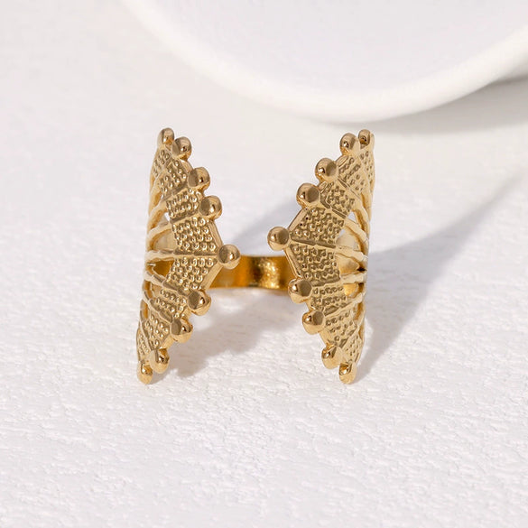 Wholesale Geometric Fan Shaped Cut Out Stainless Steel Open Ring With Retro Design And Electroplating Adjustable And Non Fading
