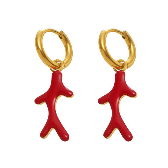 Wholesale Geometric Ferris Wheel Exaggerated Elegant Red Coral Oil Drop Enamel Glaze Stainless Steel 18K Gold Plated Earrings For Women And Men