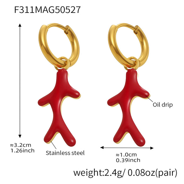 Wholesale Geometric Ferris Wheel Exaggerated Elegant Red Coral Oil Drop Enamel Glaze Stainless Steel 18K Gold Plated Earrings For Women And Men