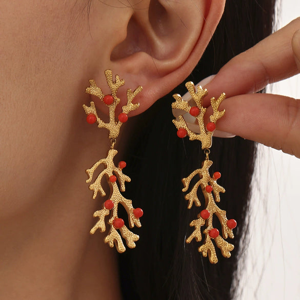 Wholesale Geometric Ferris Wheel Exaggerated Elegant Red Coral Oil Drop Enamel Glaze Stainless Steel 18K Gold Plated Earrings For Women And Men