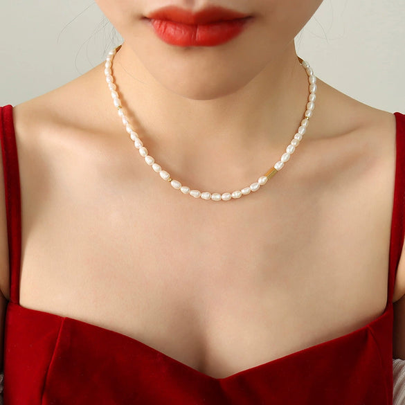 Wholesale Geometric Ferris Wheel Freshwater Pearl Necklace With Titanium Steel Gold Plated Chain For Women