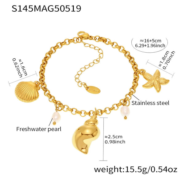 Wholesale Geometric Ferris Wheel Natural Freshwater Pearl Conch Shell Electroplated Stainless Steel Bracelet Anklet For Women