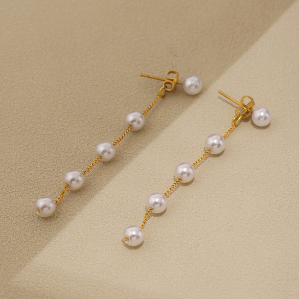 Wholesale Geometric Ferris Wheel Titanium Steel And Shell Beads Electroplated Long Tassel Stud Earrings Unisex Cold Style Elegant All Match Vintage Earrings