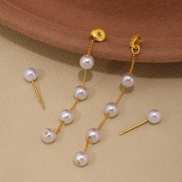 Wholesale Geometric Ferris Wheel Titanium Steel And Shell Beads Electroplated Long Tassel Stud Earrings Unisex Cold Style Elegant All Match Vintage Earrings