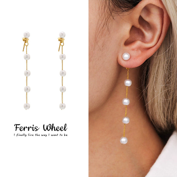 Wholesale Geometric Ferris Wheel Titanium Steel And Shell Beads Electroplated Long Tassel Stud Earrings Unisex Cold Style Elegant All Match Vintage Earrings