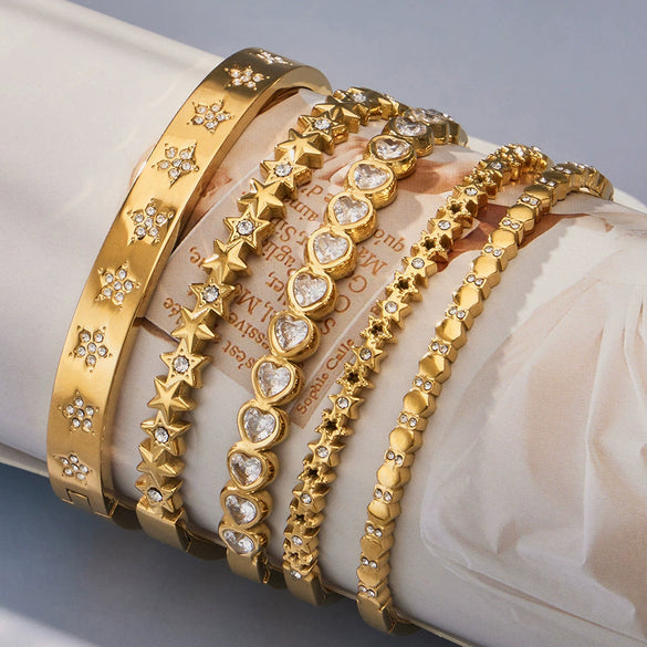 Wholesale Geometric Fivepointed Star And Heartshaped Zircon Inlay Stainless Steel Electroplated Bracelet Set