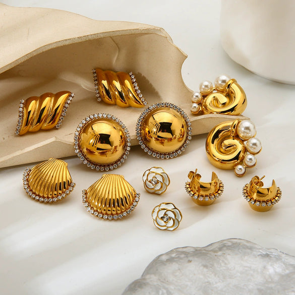 Wholesale Geometric Flower Shell Stainless Steel Earrings With Diamonds 18K Gold Plated For Women
